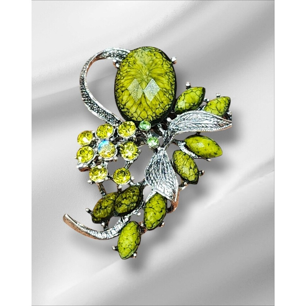 Vintage Style Lime Green Floral Brooch Silver Tone Rhinestone Botanical Pin